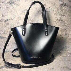 Expressions NYC Vegan Leather Mini Satchel Bucket Bag Black Crossbody Purse
